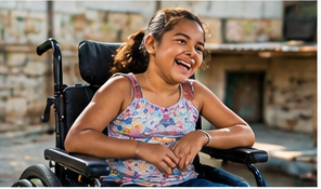 Menina sorrindo em cadeira de rodas